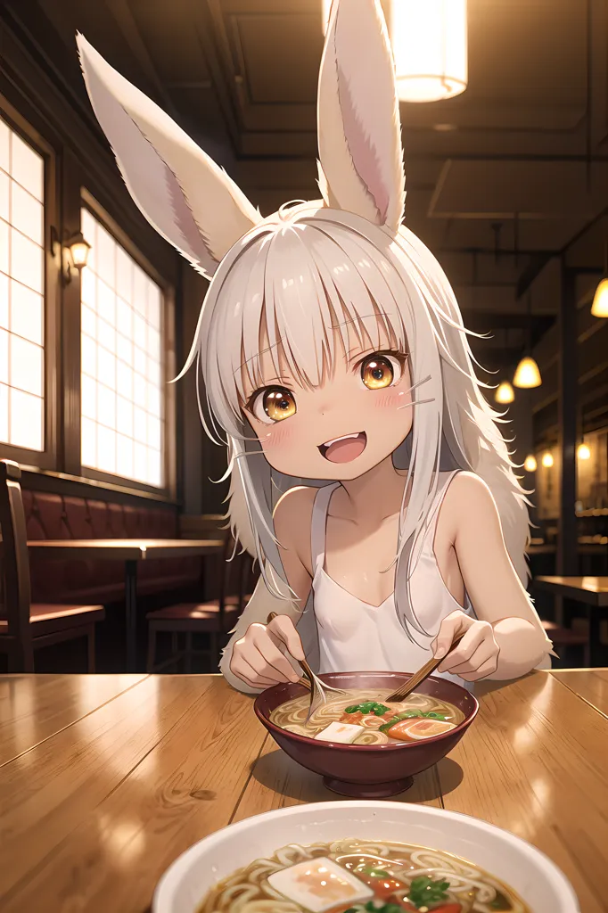 The image is of a rabbit girl with white hair and yellow eyes. She is wearing a white tank top and has rabbit ears. She is sitting at a table in a restaurant, eating a bowl of ramen. She has a happy expression on her face and is holding the chopsticks in her hands. The restaurant is decorated with wood and has a warm and inviting atmosphere.