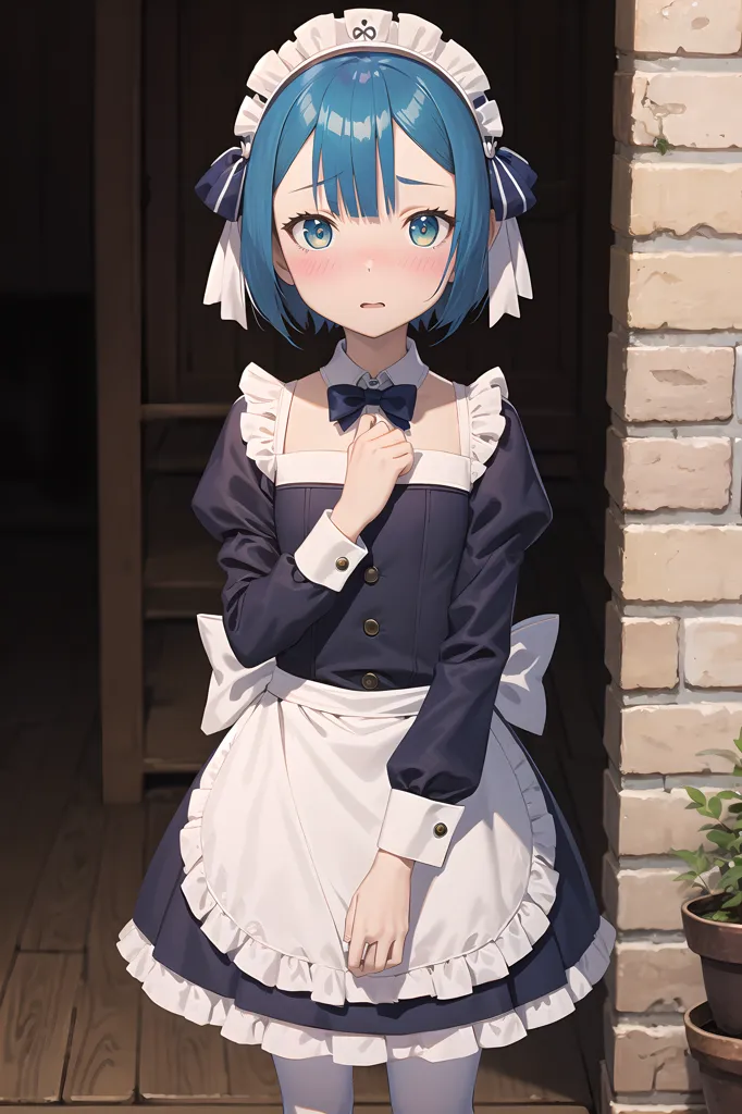 The image is of a young girl with blue hair and blue eyes. She is wearing a French maid outfit with a white apron and a blue bow in her hair. She is standing in a doorway, and she looks shy and embarrassed. The background is blurry, but it looks like there is a brick wall behind her.