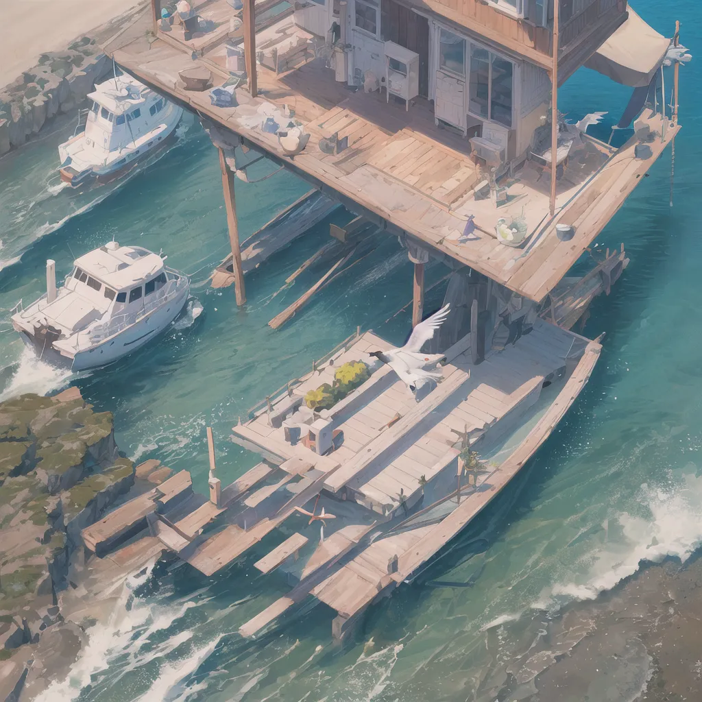 The image shows a house on stilts over the ocean. The house is made of wood and has a large deck with a few chairs and a table. There is a boat docked next to the house and a few seagulls flying around. The water is a deep blue color and the sky is light blue with a few clouds. The house looks like it is in a tropical location.