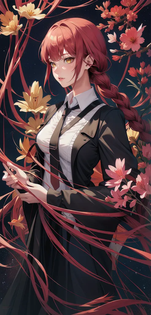 This image shows a young woman with long red hair and yellow eyes. She is wearing a white shirt, black tie, and black suit jacket. There are red and white flowers in the background and long red ribbons flowing around her.