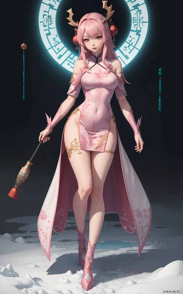 The image is of a woman with pink hair and antlers. She is wearing a pink cheongsam with a high slit and a white fur coat. She is also wearing pink boots and carrying a fan. She is standing in front of a blue and white background with a symbol in the middle.