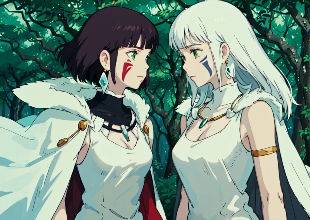 This image shows two young women standing in a forest. The woman on the left has short dark hair and brown eyes, and is wearing a white shirt and a brown cape. The woman on the right has long white hair and blue eyes, and is wearing a white dress. Both women have green markings on their faces.