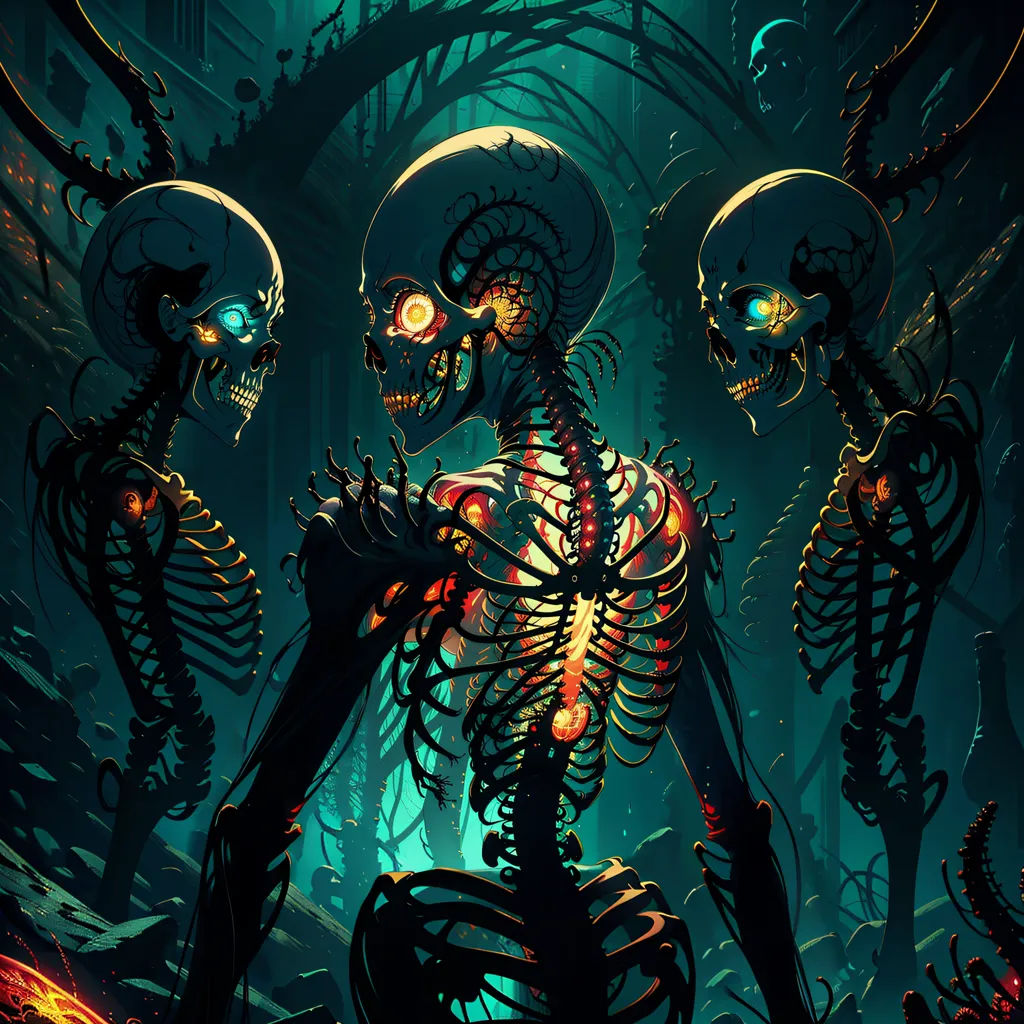 The image is of three skeletons in a dark forest. The skeletons are all looking at each other. The one in the middle is taller than the other two. It has a glowing blue orb in its eye sockets and a large ribcage. The other two skeletons have glowing green and red orbs in their eye sockets. The forest is dark and gloomy, and the trees are bare. The only light comes from the glowing orbs in the skeletons' eye sockets.