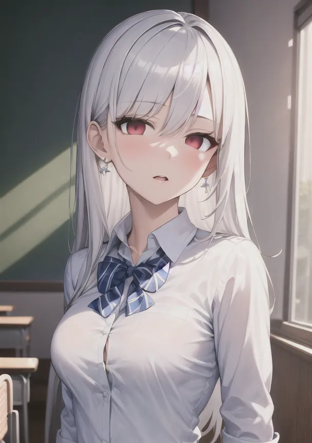 The image shows a young woman with long white hair and red eyes. She is wearing a white shirt with a blue bow. She is standing in a classroom with empty wooden desks. The light from the window is shining on her face. She has a shy expression on her face and is looking at the viewer with her head tilted slightly downward at an angle.