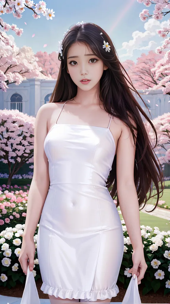 The image is a painting of a young woman standing in a garden. She is wearing a white dress and has long brown hair. The background is a blurred image of a mansion and cherry blossoms. The woman is looking at the viewer with a serious expression.