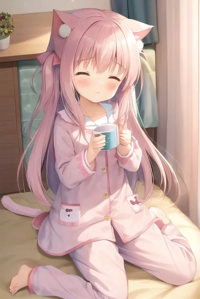 The image shows a young girl with pink hair and cat ears. She is wearing a pink nightgown with white trim and is sitting on a bed. The girl has her eyes closed and is smiling. She is holding a cup in her hands. There is a pink cat plushie on the bed next to her. The background is a blurred image of a bedroom.