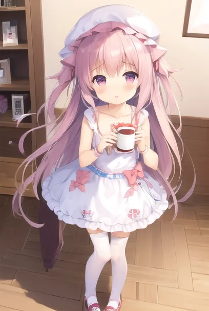 The image depicts a young girl with pink hair and purple eyes. She is wearing a white and pink dress with a white apron. The girl is standing in a room with a wooden floor and a bookshelf in the background. She is holding a teacup in her hands. The girl has a shy expression on her face.