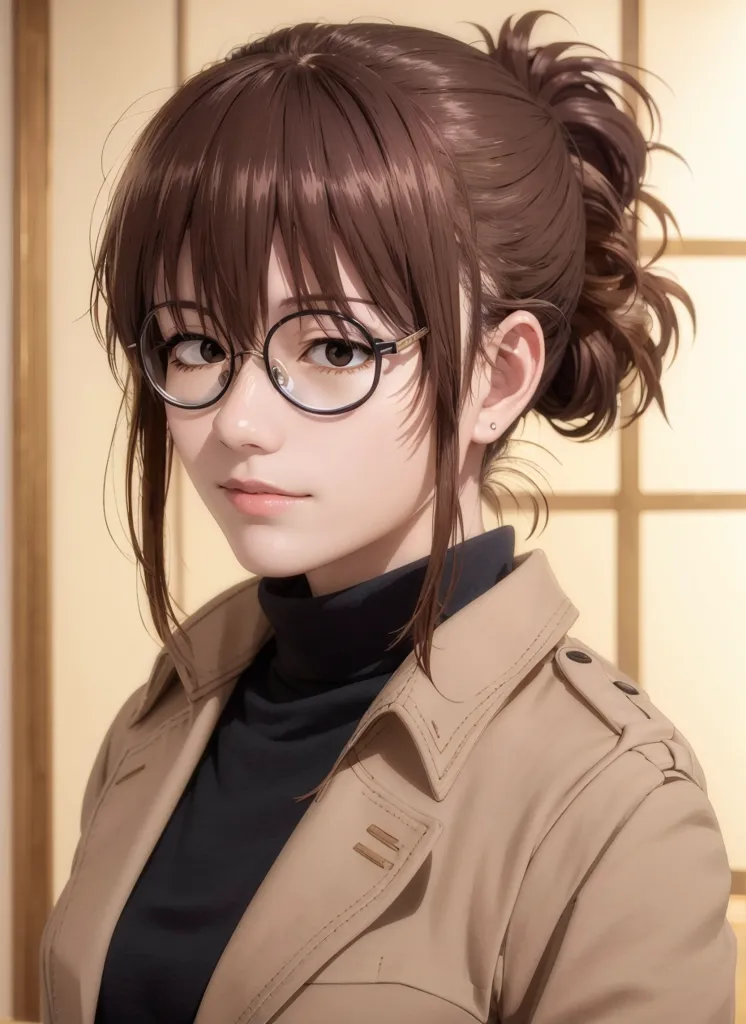 The image shows a young woman with brown hair and brown eyes. She is wearing glasses, a black turtleneck blouse, and a tan trench coat. Her hair is pulled back in a ponytail. She is looking at the viewer with a slightly smiling expression. The background is a blurry image of a traditional Japanese house.