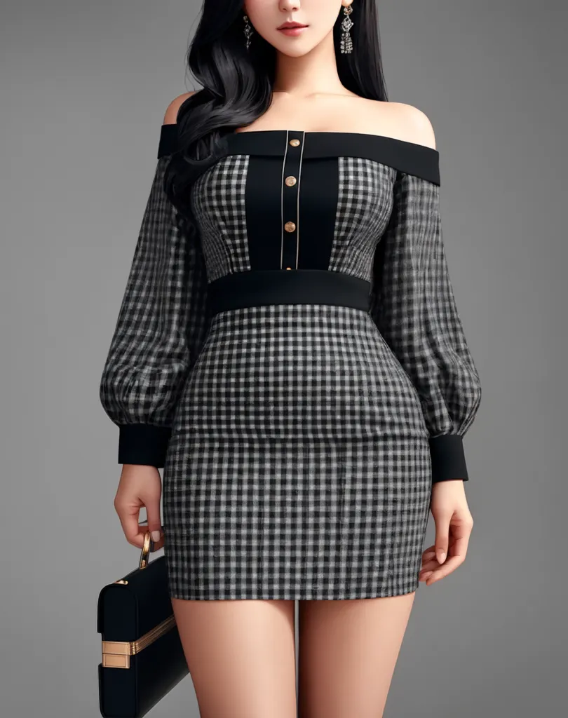 The image shows a woman wearing a fitted off-the-shoulder dress with a black and white gingham pattern. The dress has a sweetheart neckline and three decorative buttons at the top. The sleeves are long and slightly puffy. The hem of the dress is straight and sits just above the knee. The woman is also carrying a black handbag with silver hardware.