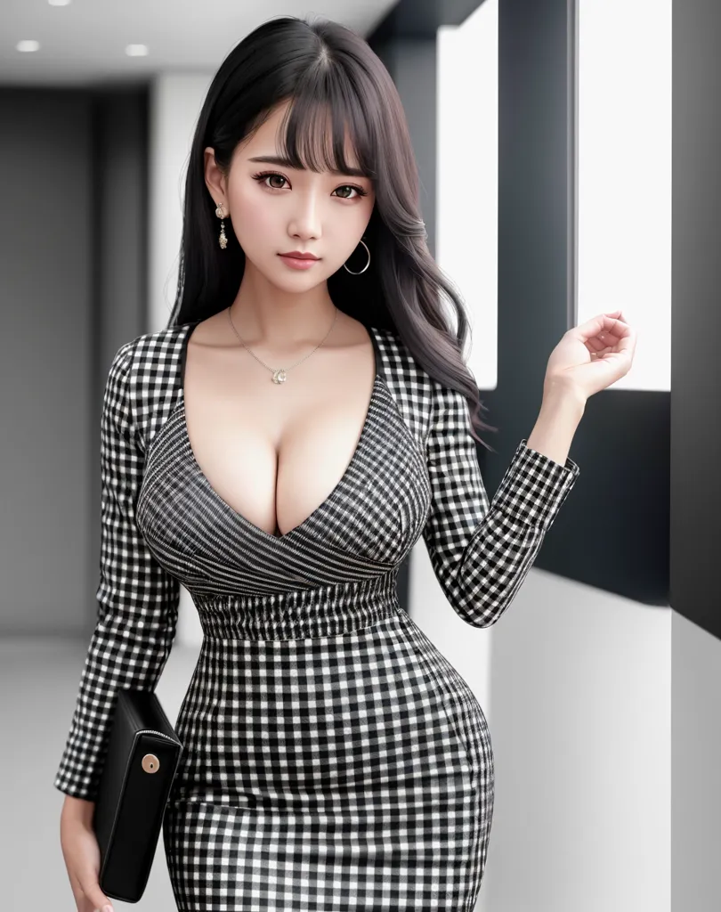 The image shows a young woman standing in a hallway. She is wearing a black and white checkered dress with a plunging neckline. The dress is fitted to her body and has a peplum at the waist. She is also wearing black earrings and a necklace. Her long black hair is styled with bangs and she has a light makeup on. She is carrying a black handbag in her right hand.