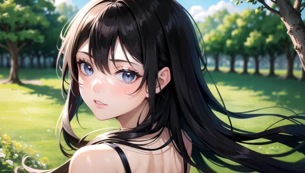 The image is a portrait of a young woman with long black hair and blue eyes. She is standing in a field of green grass and trees. She is wearing a black tank top and is looking over her shoulder at the viewer. The image is in an anime style and is very detailed.