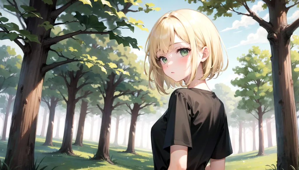 The image is a digital painting of a young woman with short blonde hair and green eyes. She is wearing a black t-shirt and is standing in a forest. The trees are tall and green, and the sun is shining through the trees. The woman is looking back at the viewer with a shy expression on her face.