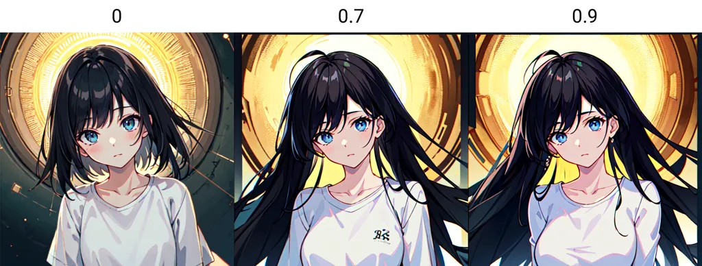 The image shows a young woman with long black hair and blue eyes. She is wearing a white shirt. The background is a bright yellow. The image is in a cartoon style and the woman is drawn in a semi-realistic way. The first image is the original image. The second image is the image with the \