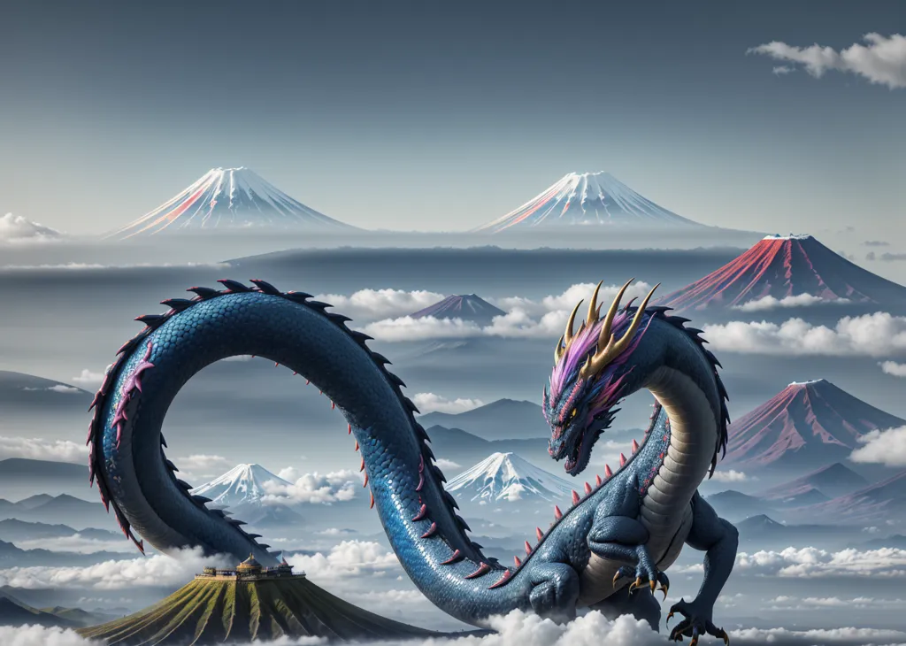 The image is of a blue dragon with purple and yellow details. The dragon is standing on a mountain peak with clouds swirling around it. In the background, there is a mountain range with snow-capped peaks. The sky is a gradient of blue and purple.