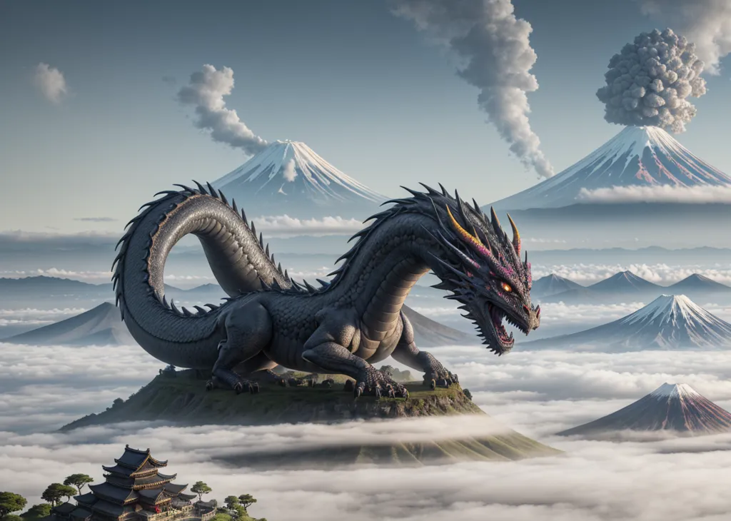 The image is of a large, black dragon with purple and pink details. It is standing on a rocky hilltop, with a small village in the background. The dragon is looking to the right of the frame, and there are mountains in the background. The sky is cloudy, and there is a volcano in the distance. The dragon is covered in scales, and it has a long, serpentine body. It has a large head with a pair of horns, and its eyes are glowing white. The dragon's wings are folded against its back, and its tail is curled around its body. The village is made up of a few small houses, and there are trees and vegetation around it. The mountains in the background are covered in snow, and the volcano is erupting.