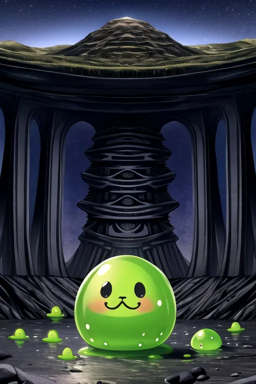 The image is a digital painting of a green slime creature in a dark and mysterious setting. The slime creature is in the foreground, and it is surrounded by a group of smaller slime creatures. In the background, there is a large, dark structure that resembles a castle or temple. The structure is surrounded by a moat of slime, and there are several small, glowing mushrooms growing on the ground around it. The sky is dark and there are stars and a moon in the sky.