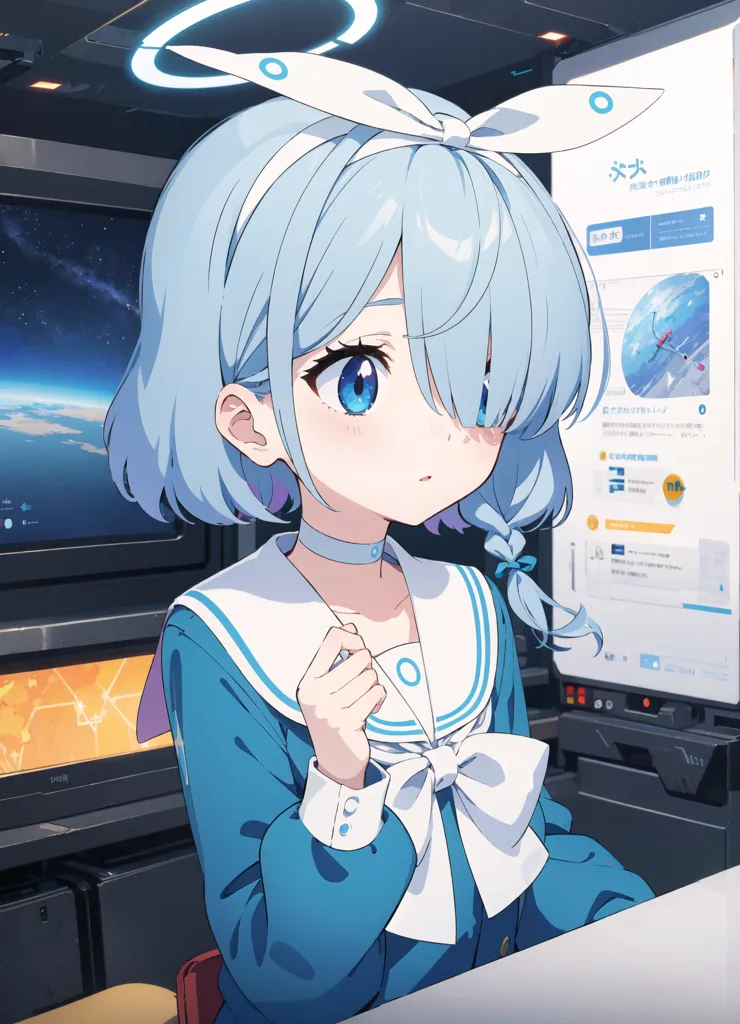 The image shows a young girl with blue hair and blue eyes. She is wearing a blue and white sailor-style outfit with a white bow in her hair and a blue halo above her head. She is sitting in a futuristic control room with a large screen behind her showing a map of the world. She has her hand on her chin and is looking at something off-screen with a curious expression on her face.