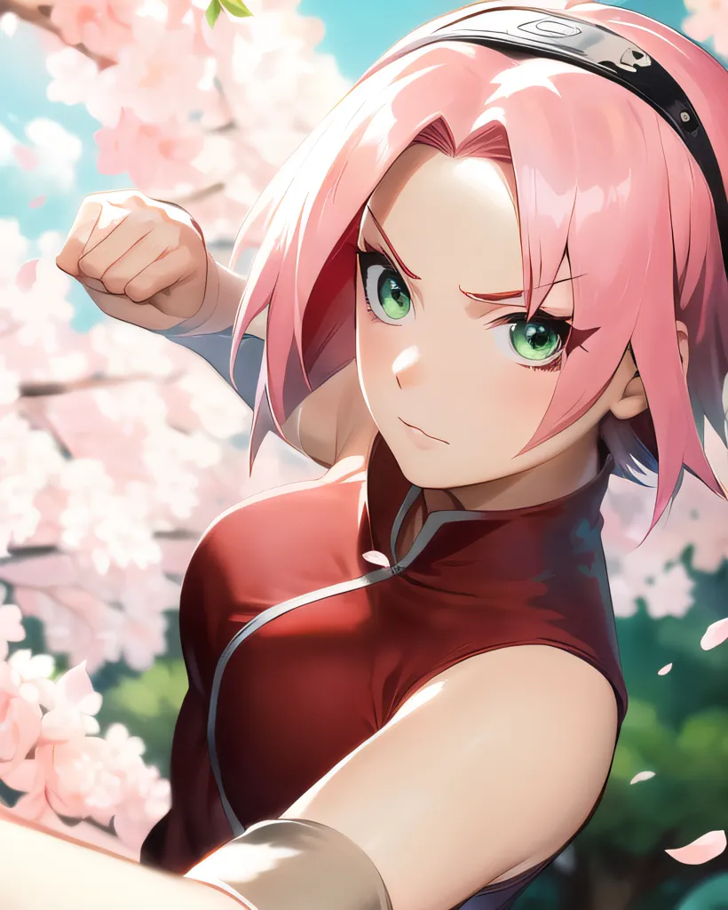 The image contains an anime-style drawing of a young woman. She has pink hair and green eyes, and is wearing a red sleeveless shirt with a high collar. She is standing in a fighting stance, with her right fist raised in front of her. The background is a blur of cherry blossoms.