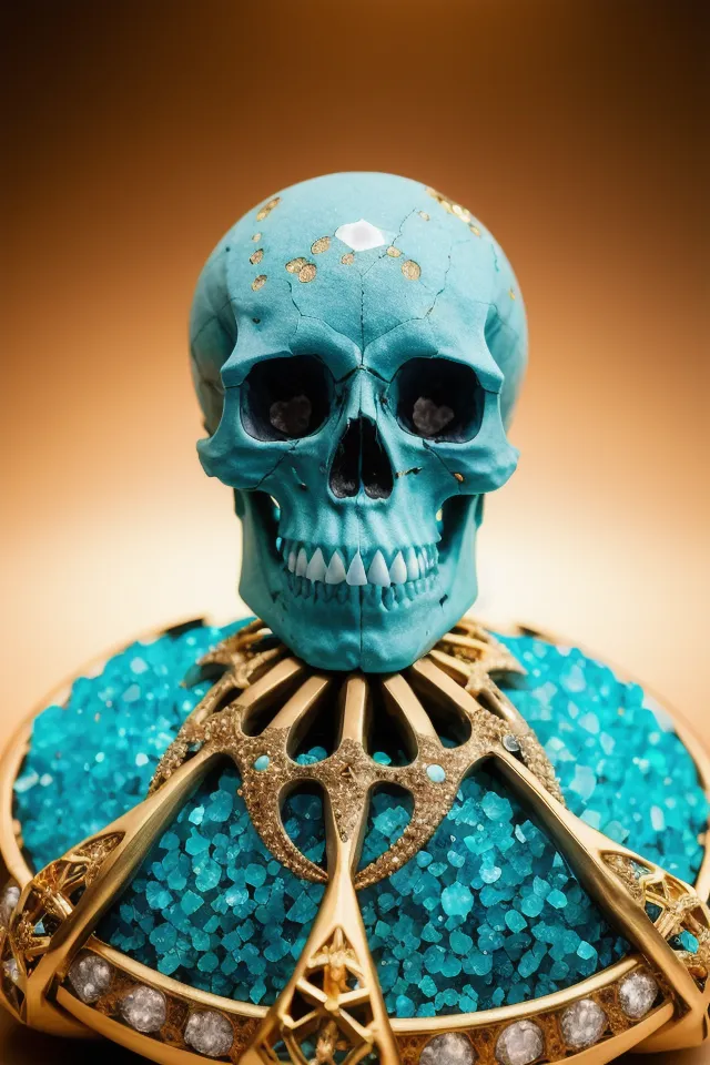 This is a 3D rendering of a turquoise skull. The skull is sitting on top of a pile of blue and green crystals. There is a gold crown around the base of the skull. The skull is looking at the viewer. The background is a gradient of brown and orange.