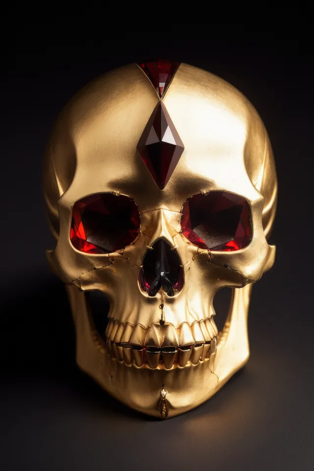 This is a photograph of a skull made of gold. There are red jewels in the eye sockets and on the forehead. The skull is facing the viewer. The background is black. The skull is in focus and the background is blurred.