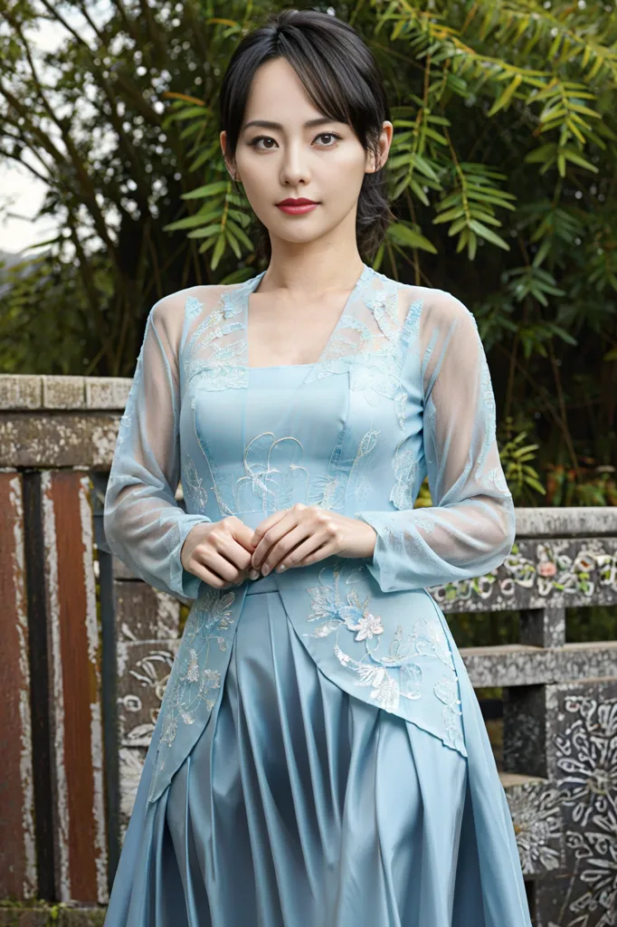 The image shows a young woman wearing a blue dress with white and silver floral embroidery. The dress has a fitted bodice with a sweetheart neckline and sheer long sleeves. The skirt is full and pleated. The woman's hair is long and black, and she is wearing light makeup. She is standing in a garden, and there are trees and plants in the background.