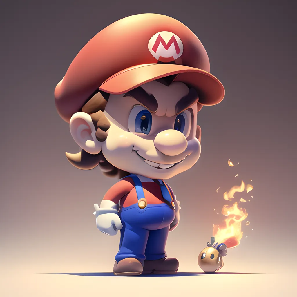 The image shows Mario, a character from the Super Mario Bros. video game series. He is wearing his classic red cap and blue overalls. He has a happy expression on his face and is looking at a Bob-omb, a type of enemy from the game series. The Bob-omb has a lit fuse and is about to explode. The background is a simple gradient from light gray at the top to dark gray at the bottom.