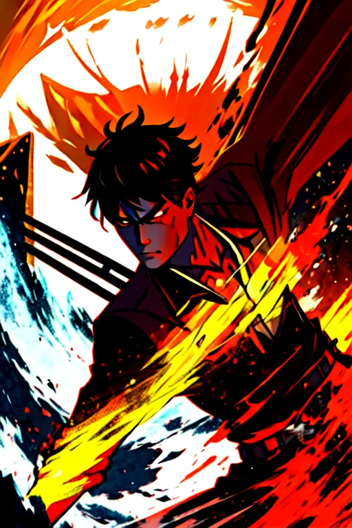 Esta es una ilustración de un hombre con cabello negro y ojos rojos. Está usando una camisa negra y hay un diseño brillante de amarillo y naranja similar al fuego en el fondo. Tiene una expresión decidida en su rostro y parece que está a punto de atacar.