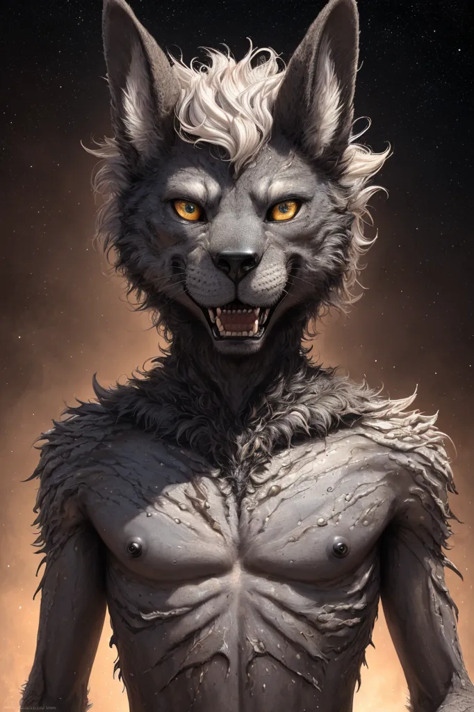 The image shows a muscular humanoid creature with the head of a wolf. The creature is standing on two legs and has its arms crossed in front of its chest. It has a large, bushy tail and its fur is a light gray color. The creature's eyes are a bright yellow color and it has a sharp, pointed snout. The background of the image is a dark, starry night sky.