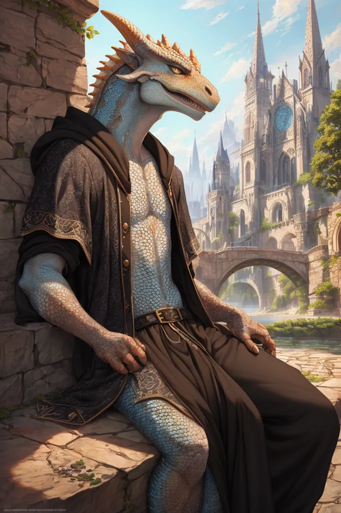 L'image montre un dragonborn bleu portant une robe noire avec des bordures dorées. La robe est ouverte, dévoilant la poitrine et l'abdomen musculeux du dragonborn. Le dragonborn porte également une ceinture marron et a une boucle d'oreille dorée dans son oreille gauche. Le dragonborn est assis sur un mur de pierre, regardant au-dessus d'une ville. La ville est entourée d'un mur et a un grand château au centre. La queue du dragonborn est enroulée autour de sa jambe, et ses ailes sont repliées derrière son dos.