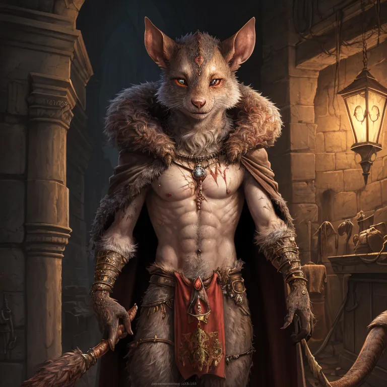 The image is of a muscular ratfolk with light fur and brown eyes. He is wearing a red loincloth, a brown fur cape, and a necklace with a red gem in the center. He is also wearing two golden bracelets on his right wrist and a golden ring on his left hand. He is holding a broom in his right hand. He is standing in a dark room with a stone floor and walls. There is a lantern on the wall behind him.