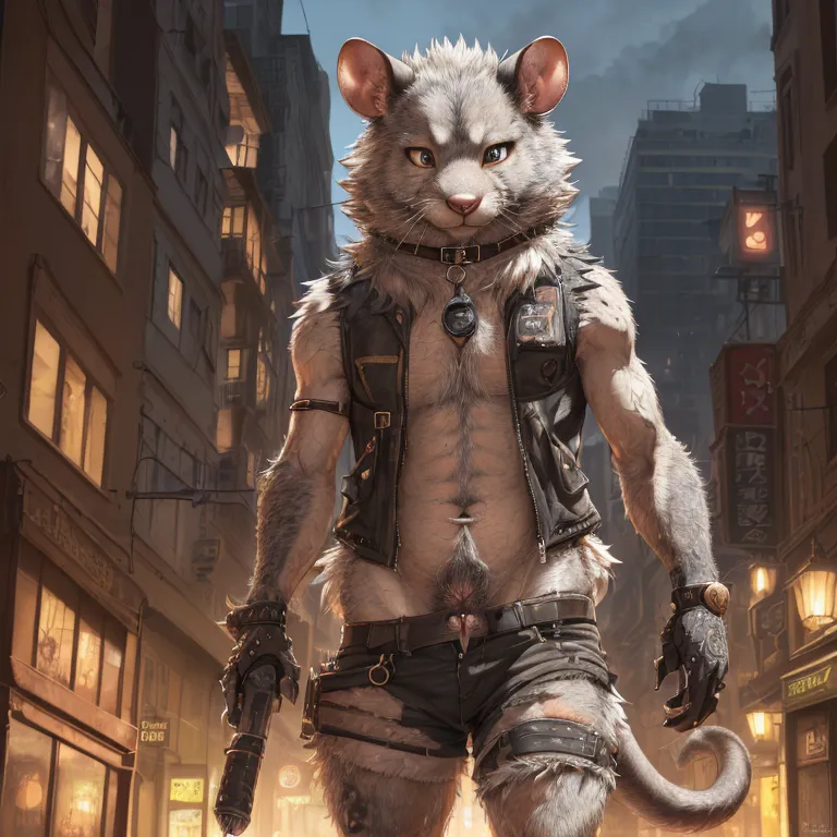 The image is a digital painting of a muscular rat standing in a dark alleyway. The rat is wearing a black leather vest and a pair of shorts. He has a gun in his right hand. His fur is white and gray, and his eyes are red. The background of the image is a dark alleyway with a city in the distance. The image is both realistic and stylized, and it captures the feeling of a cyberpunk world.