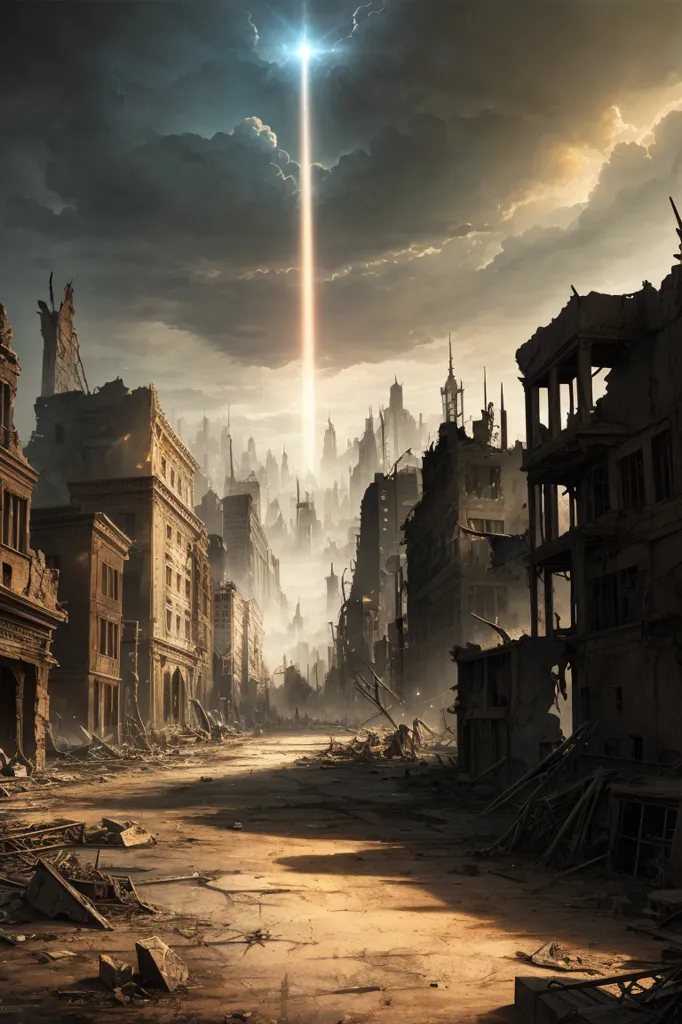 The image shows a ruined city. The buildings are all in ruins, and the streets are littered with debris. There is a large hole in the sky, and a bright light is shining down from it. The sky is dark and cloudy, and there is a sense of foreboding in the air.