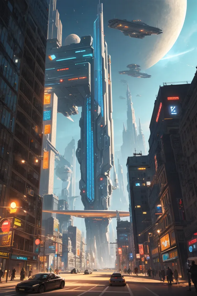 The image shows a futuristic city with tall buildings and flying cars. The buildings are made of glass and metal and have a lot of lights on them. The cars are sleek and silver and fly through the air on metal roads. There are people walking around on the sidewalks and they are all wearing futuristic clothes. The sky is blue and there are two moons in the sky.