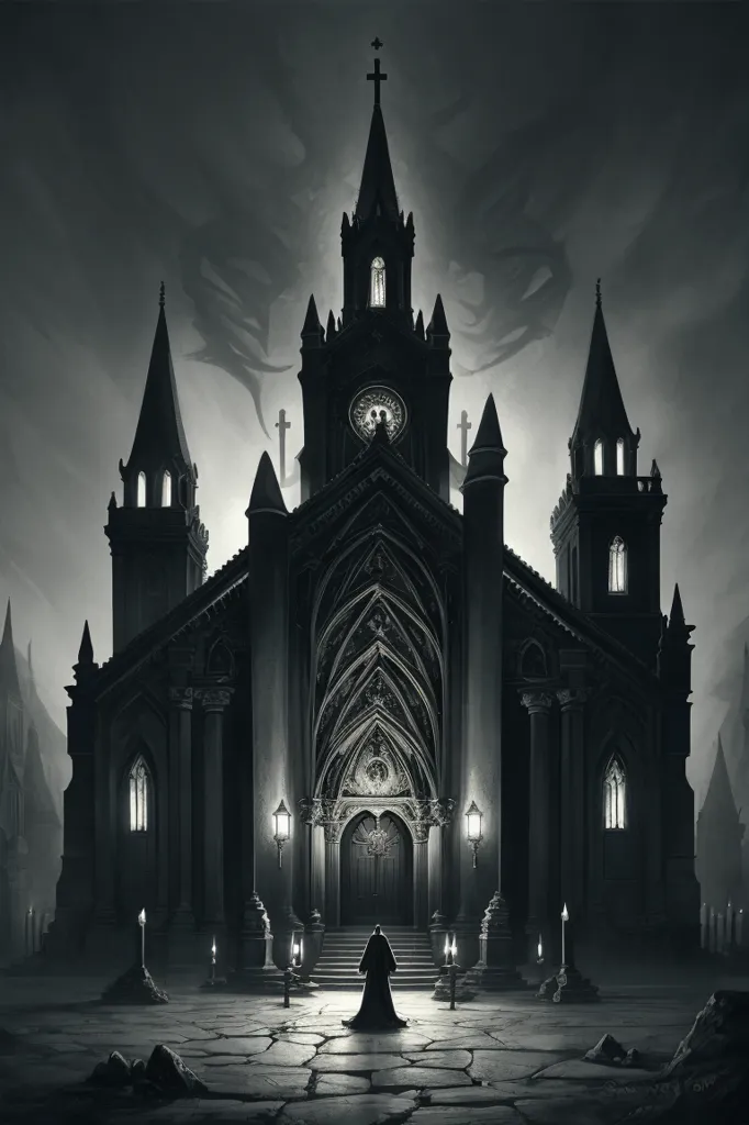 The image is in black and white. It shows a large, gothic church with a tall steeple and large doors. The church is surrounded by a cemetery with tombstones. There is a figure standing in front of the church. The figure is wearing a long cloak and a hat. The figure's face is obscured by the shadows.