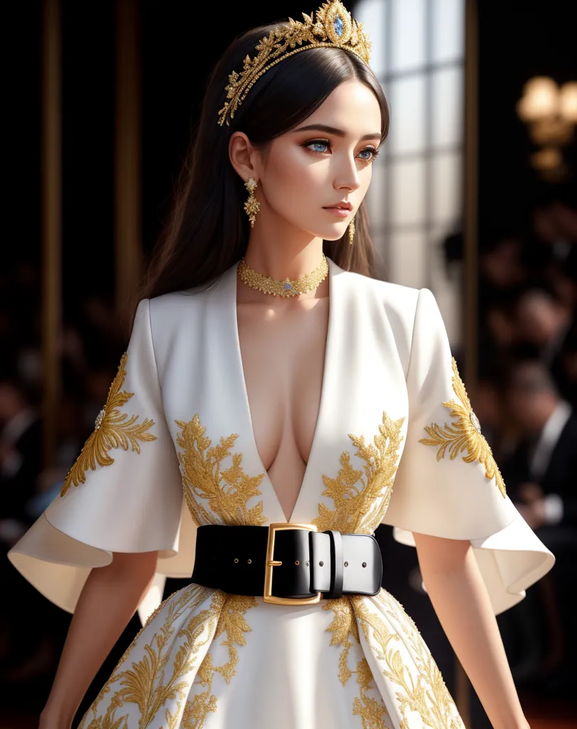 The image shows a woman wearing a white and gold dress. The dress is floor-length and has a plunging neckline. The bodice is fitted and has a peplum skirt. The sleeves are long and have a flared cuff. The woman is wearing a gold belt at her waist. She is also wearing a gold necklace and a gold tiara. Her hair is long and dark and she is wearing light makeup. The background is blurred and looks like a runway.