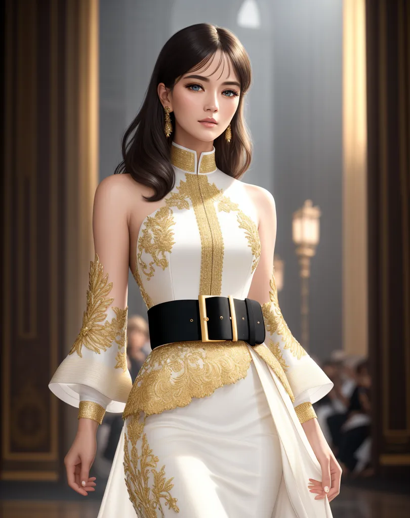 The image shows a woman wearing a white and gold dress. The dress is sleeveless and has a high collar. The waist is cinched with a black belt. The skirt is full and flows to the ground. The woman's hair is long and dark, and she is wearing a pair of diamond earrings. She is standing in a large room, with a marble floor and gold columns. There is a large window in the background, and the light from outside is streaming in.