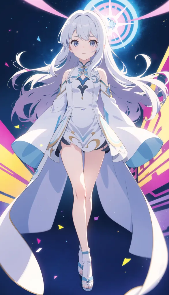 The image is an anime-style illustration of a young woman with long white hair and blue eyes. She is wearing a white dress with a blue sash and has a glowing blue orb in her right hand. She is standing in a dark blue void with a glowing pink and yellow background.