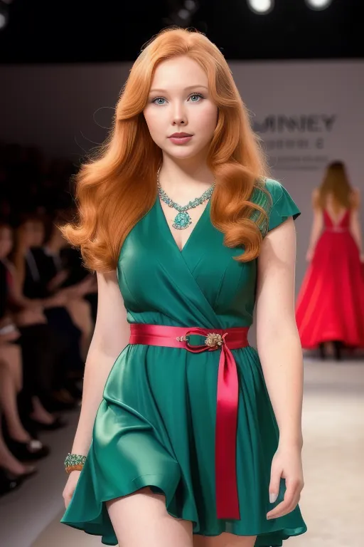 A young, tall, slender, redheaded model with green eyes is walking down a runway wearing a green silk dress with a red sash and a large decorative buckle. She is wearing a matching green necklace and green earrings. Her makeup is natural with a light pink blush and nude lip color. Her long red hair is styled in loose waves. She is carrying a red clutch purse. She is walking confidently and looks happy to be modeling. The background is a blurred out audience.