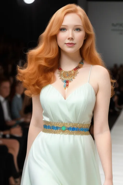 The image shows a tall, slender, redheaded woman in a white dress with a plunging neckline. The dress has a fitted bodice and a full skirt. The woman is wearing a gold belt with a large green gemstone in the center. She is also wearing a necklace with a large pendant. The woman's hair is long and wavy and her eyes are blue-green. She is standing on a runway with a blurred background.