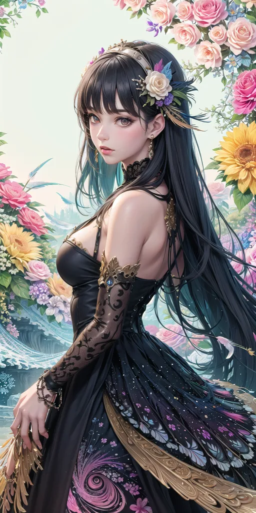 La imagen es un retrato de una hermosa mujer joven con cabello negro largo. Ella está usando un vestido negro con un escote de corazón y una abertura alta. El vestido está decorado con bordados de oro y plata, y ella está usando un collar y aretes a juego. Su cabello está peinado en un estilo medio recogido, medio suelto, y lleva una rosa blanca en el cabello. Tiene una sonrisa suave en su rostro y sus ojos miran al espectador. El fondo es un desenfoque de flores rosas y blancas.