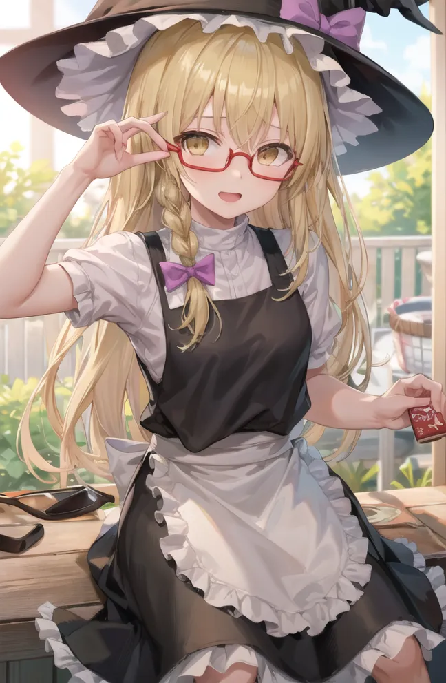 The image is of a young woman with long blonde hair and yellow eyes. She is wearing a black witch hat with a purple ribbon, a white blouse, a black apron, and a long black skirt. She is sitting on a chair and has one hand on her glasses and the other holding a small red box. She has a friendly smile on her face. The background is a blurred image of a porch.