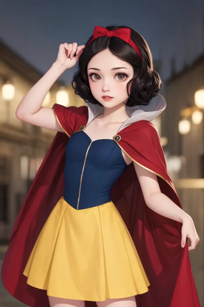 The picture shows a young woman with short black hair and brown eyes. She is wearing a red cape with a white collar and a yellow dress with a blue bodice. On her head, she wears a red bow. The background is blurry, with a few blurry street lights visible.