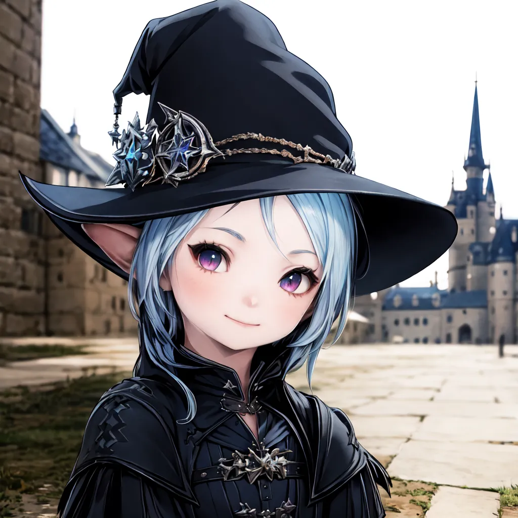 The image is of a young girl with blue hair and purple eyes. She is wearing a black witch hat with a silver chain and a black dress with a white collar. She is standing in a stone courtyard with a castle in the background.