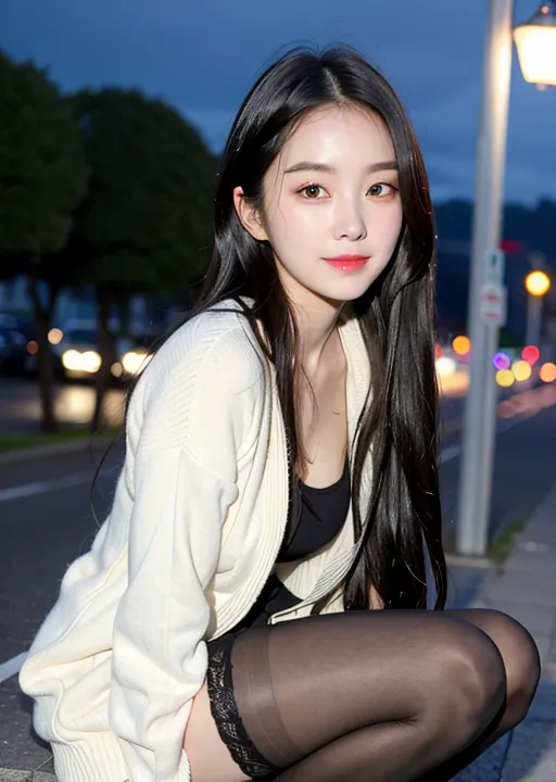 The image shows a young woman crouching on the sidewalk at night. She is wearing a white cardigan sweater, a black camisole, and black stockings. Her long black hair is flowing over her shoulders. She has a soft smile on her face. The background of the image is blurred, with the lights of the city in the distance.