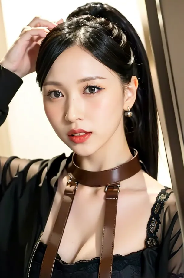 The picture shows a young woman with long black hair. She is wearing a black leather choker and a black lace dress. Her makeup is flawless, with a smoky eye and winged eyeliner. Her lips are a glossy pink. She is looking at the camera with a serious expression.