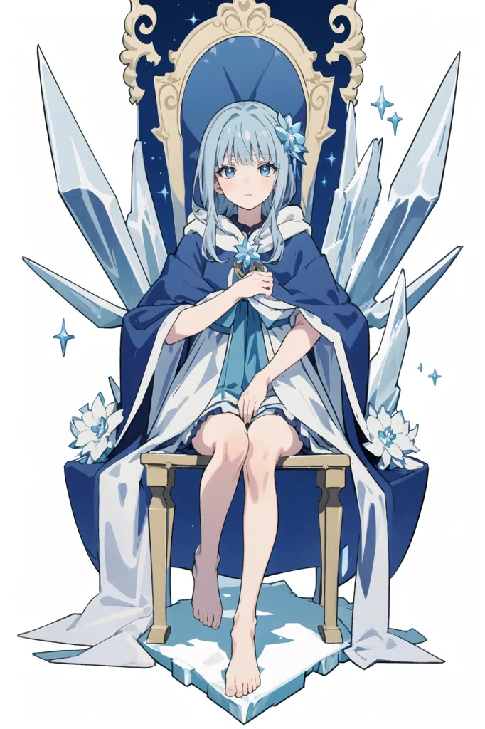 Esta é uma ilustração de uma menina com cabelos azuis longos sentada em um trono feito de gelo. Ela está usando um vestido branco e azul com uma capa azul. Ela tem uma flor no cabelo e está segurando um cetro na mão direita. O fundo é branco com um céu estrelado à noite.