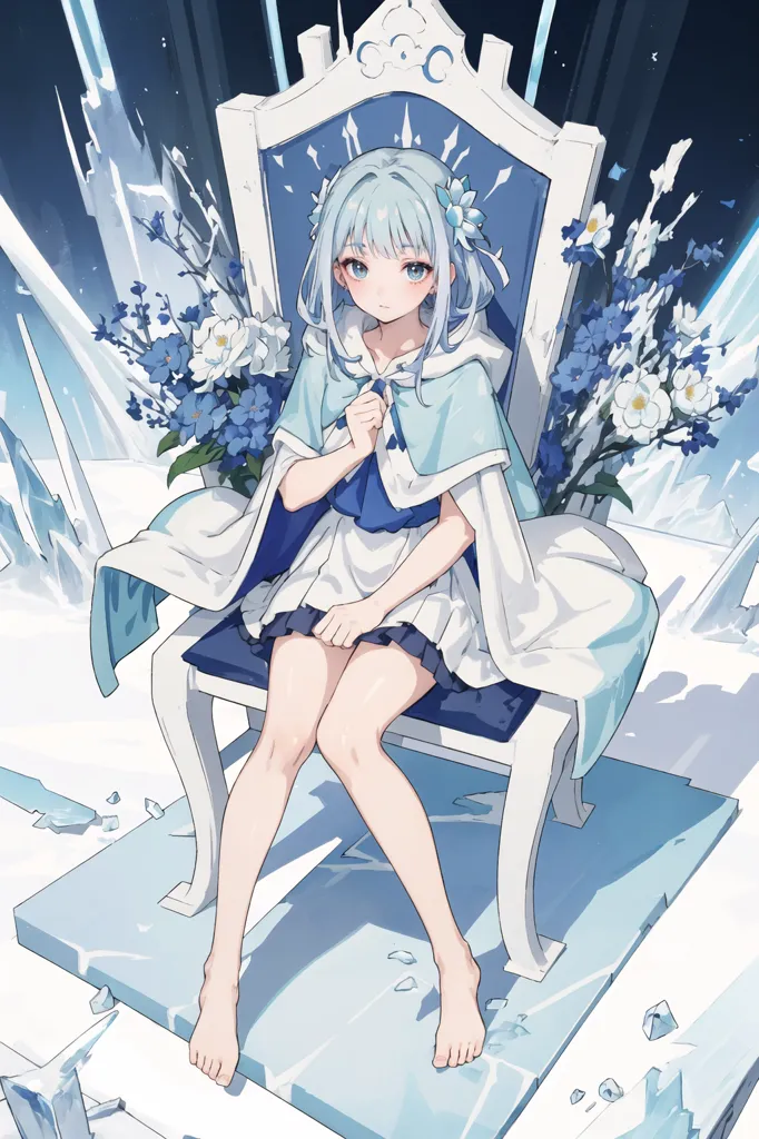 The image is of a young girl with long white hair and blue eyes. She is sitting on a throne made of ice and snow, and she is wearing a white dress with a blue cape. The girl is surrounded by flowers, and there is a large snowflake on her chest. The background of the image is a dark blue night sky, and there are stars and snowflakes falling.