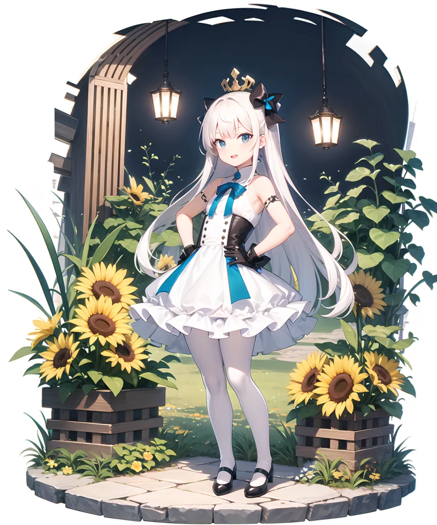 The image is a painting of a young girl with long white hair and blue eyes. She is wearing a white dress with a blue sash and a crown on her head. She is standing in a garden of sunflowers, with one hand on her hip and the other holding a book. There is a stone archway behind her and two lanterns hang from the top of the archway.