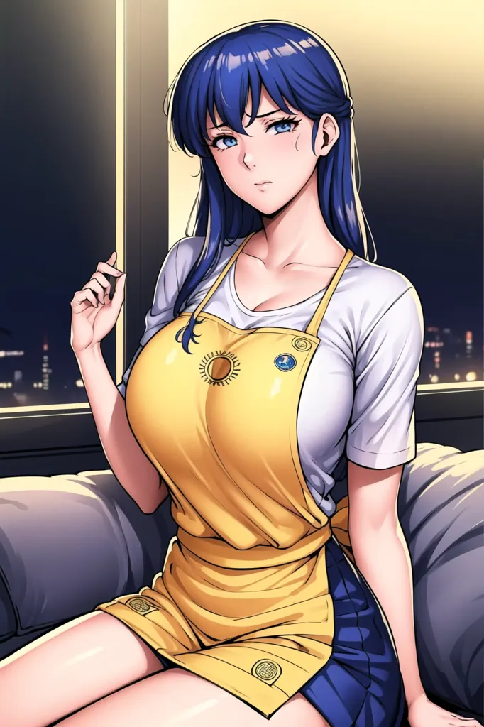 The image shows a young woman with long blue hair and blue eyes. She is wearing a white shirt, a yellow apron, and a blue skirt. She is sitting on a bed with a pensive expression on her face. The background is a blurred cityscape at night.