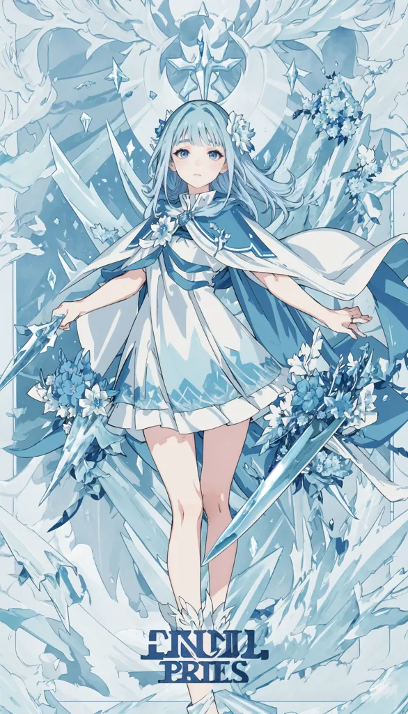 The image is of a young girl with long blue hair and blue eyes. She is wearing a white dress with a blue sash and a white cape. She is also wearing a crown and has a sword in each hand. The girl is standing in front of a background of ice and snow. There are also some flowers in the background. The girl is likely a princess or a queen, and she is probably very powerful.